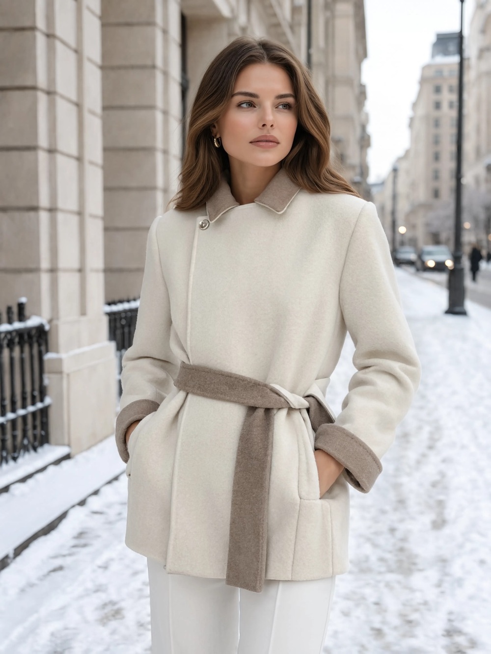 🍃 MaxMara ‘Kara’ Angora and Virgin Wool Cream Coat with Contrasting Trim